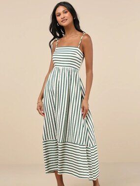 Exceptionally Pristine Green and Cream Striped Cutout Midi Dress - NWT
